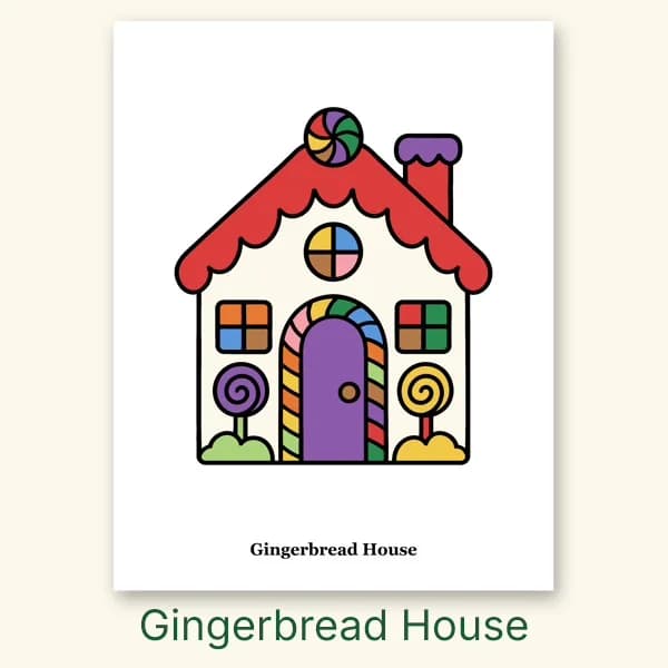 Gingerbread house coloring page in bold, easy shapes