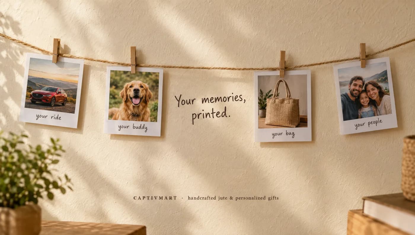 Four polaroids on a jute twine line labelled your ride, your buddy, your bag, your people