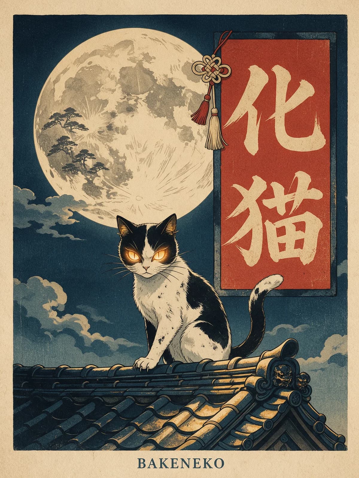 Bakeneko ukiyo-e cat poster hanging on a wall