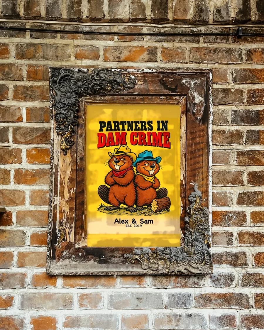 Partners in Dam Crime Personalized Couple Print, personalized couple wall art sample design