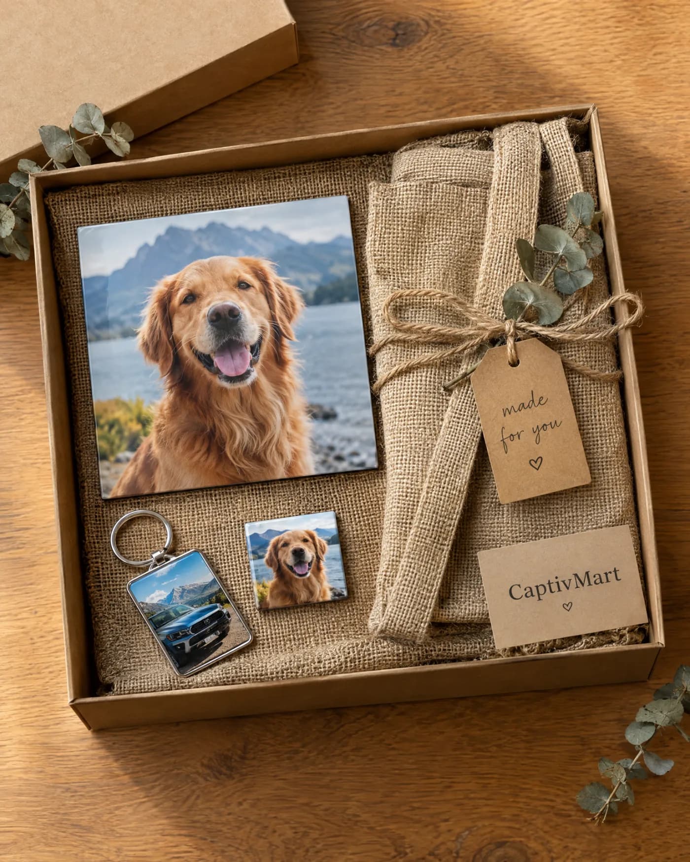 Gift bundle with a jute tote, metal photo panel and keychain