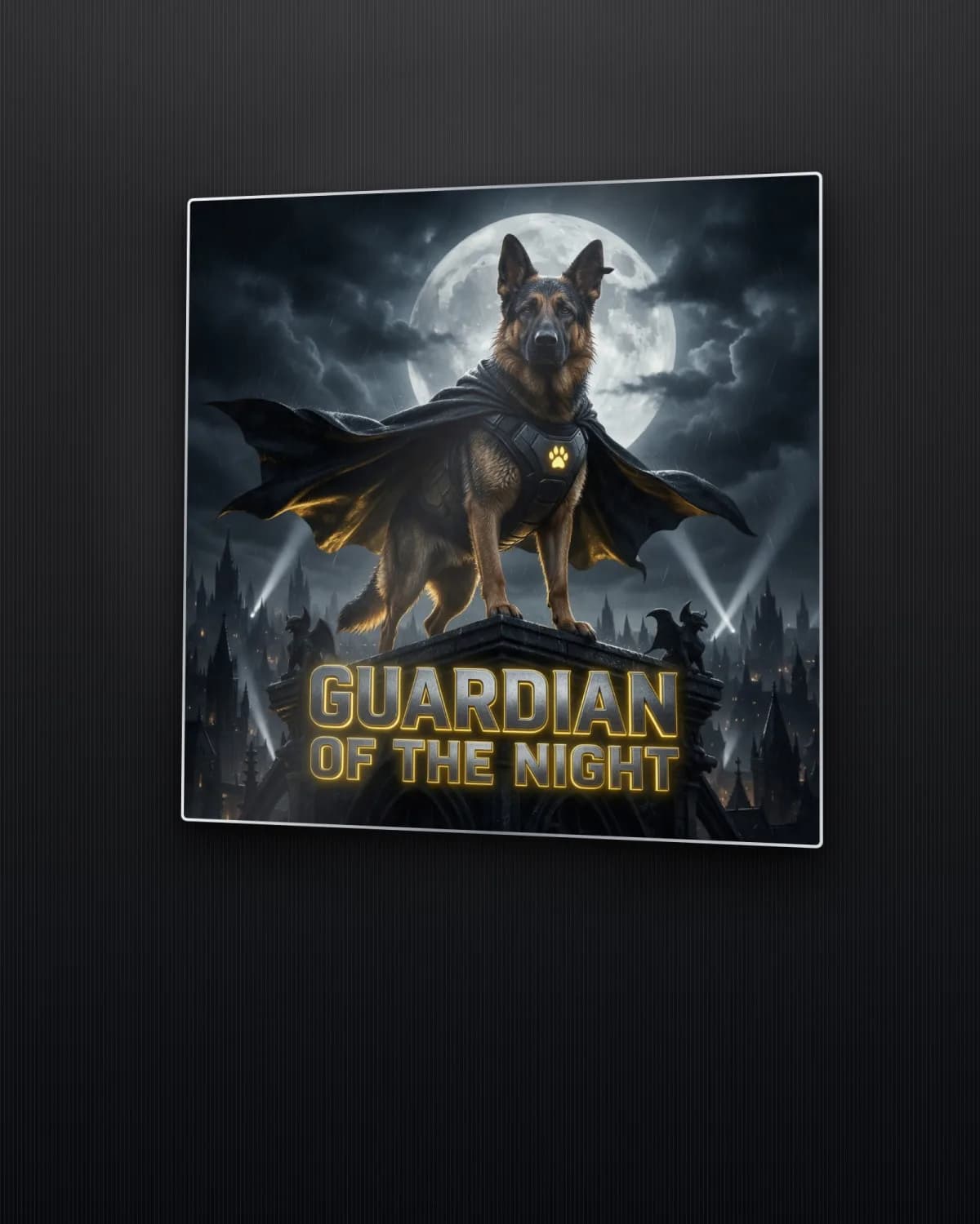 Guardian of the Night metal print of a caped German Shepherd under a full moon