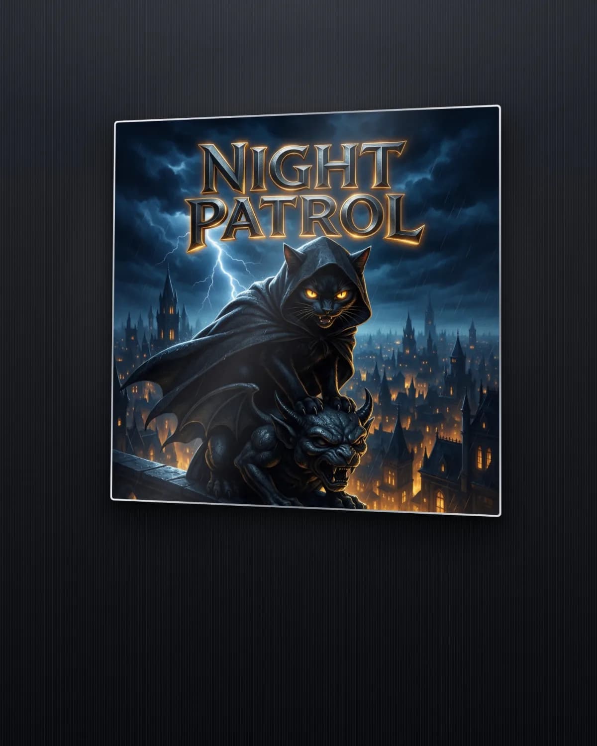 Night Patrol metal print of a hooded black cat on a gargoyle