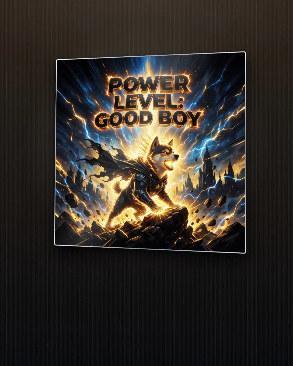 Power Level: Good Boy metal print of an anime-style powered-up dog