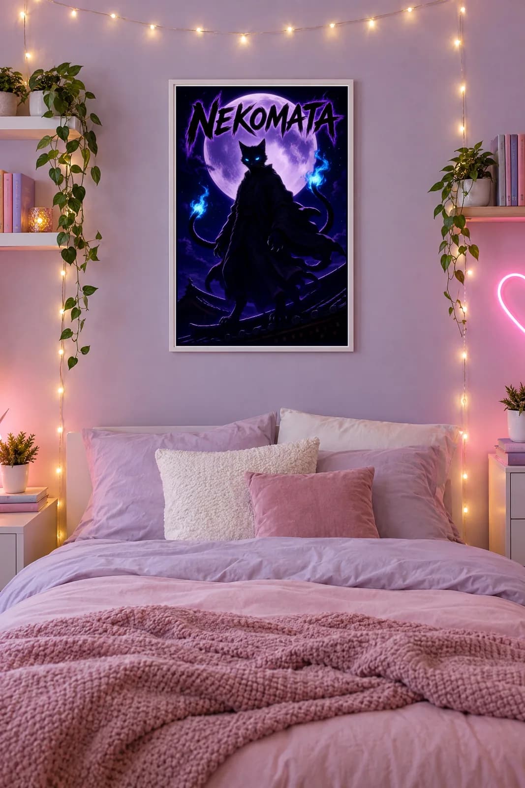 Dark Japanese & anime art hanging in a room