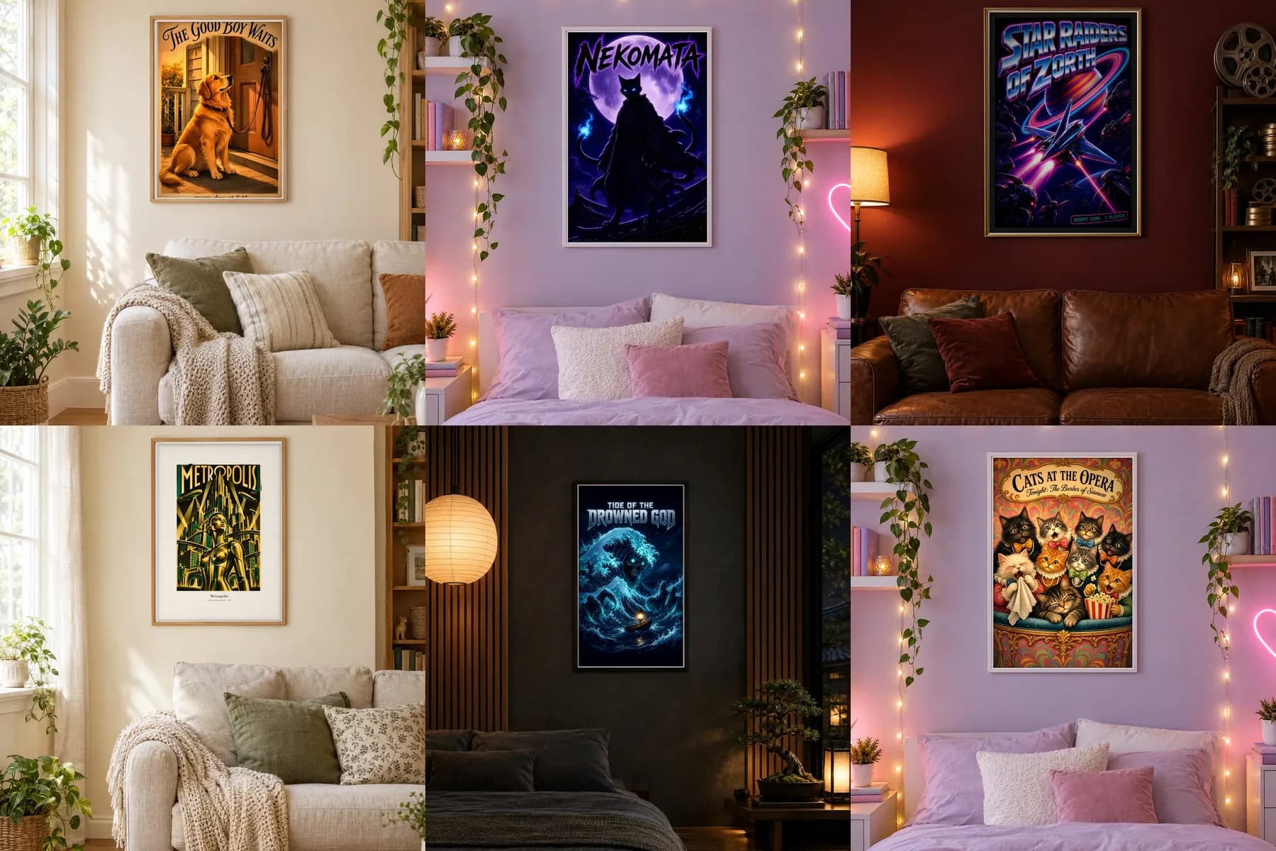 Six CaptivMart metal poster designs hanging in different rooms