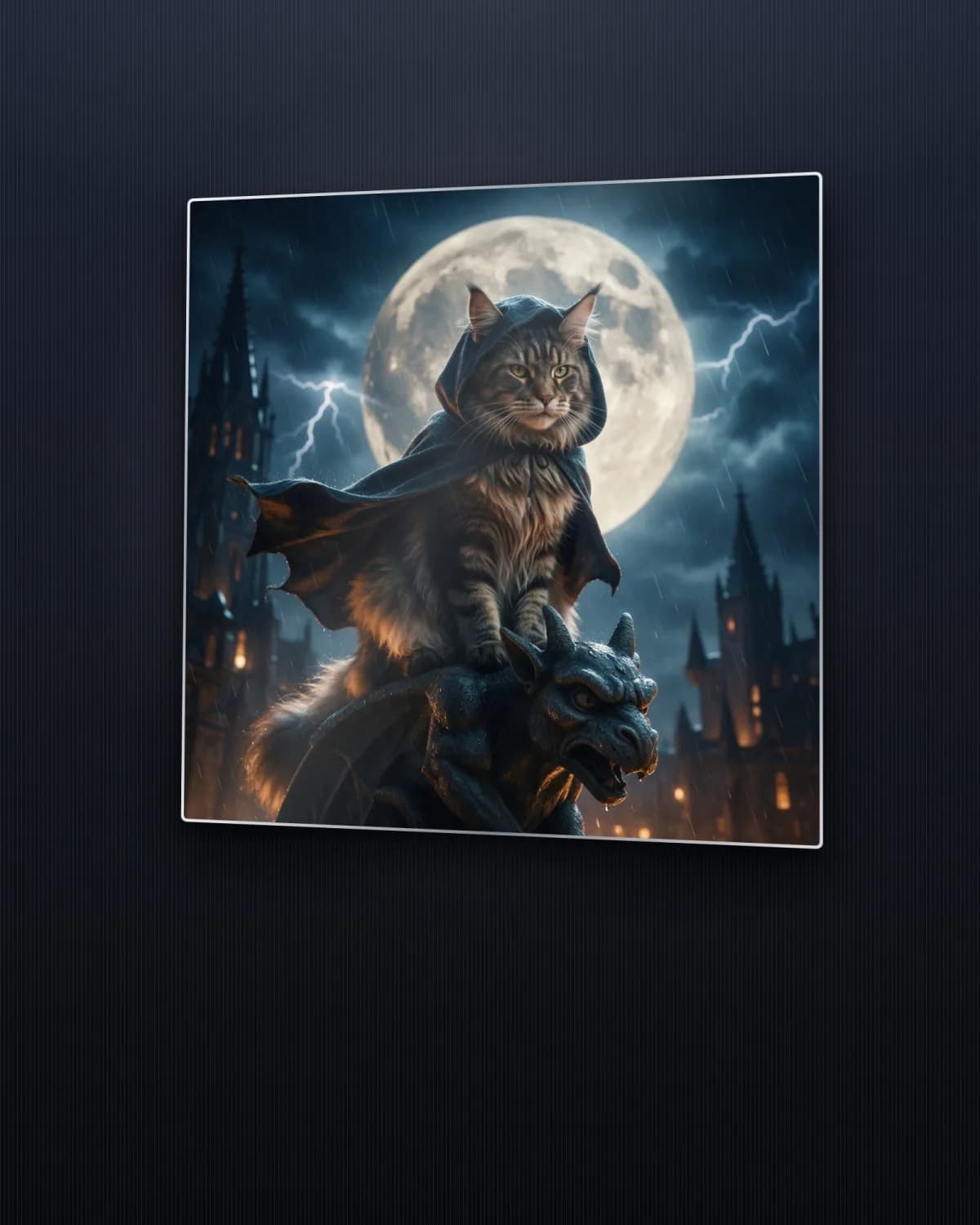 Moon Watch metal print of a hooded Maine Coon on a gargoyle under the moon