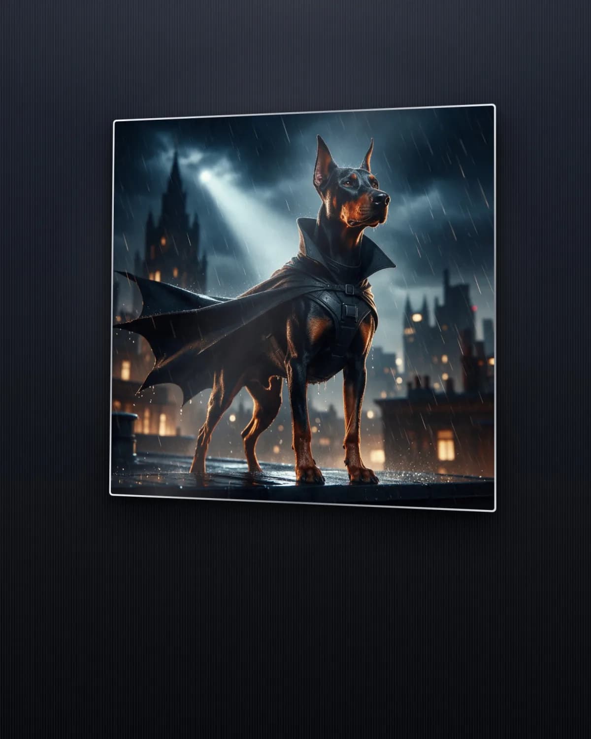 Rooftop Guardian metal print of a caped Doberman on a rainy rooftop